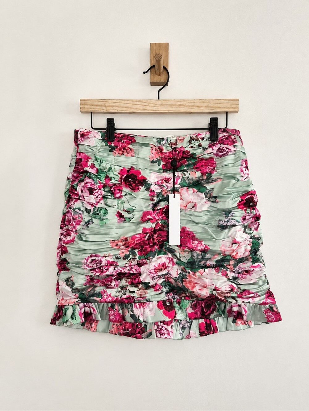 For Love & Lemons Robin Floral Ruched Ruffle Mini Skirt Size L NWT